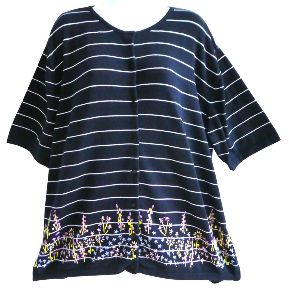 Liz Claiborne Cardigan Mixed Stripes Embroidered Flowers Button Front Short Slv
